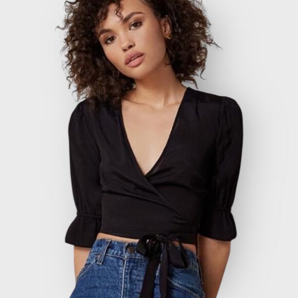 Reformation Finley XS Black Ruffle Wrap Top Cropped V-Neck Feminine French Girl - Picture 5 of 9
